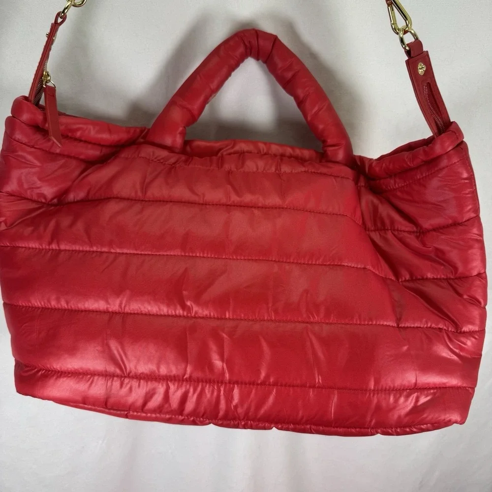 Estee Lauder Weekender Travel Puffer Puff Tote Bag Red Pink Gold Purse Crossbody
